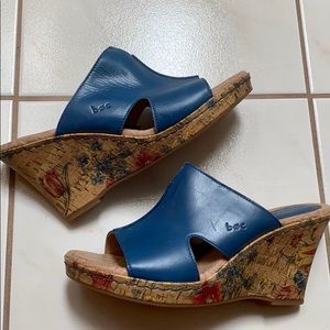 B.O.C Blue Leather Floral Cork Wedge Slides